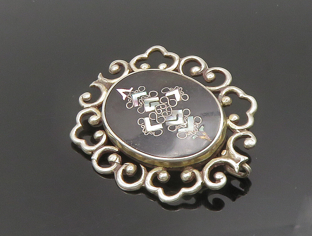 PGG MEXICO 925 Silver  Vintage Inlay Black Onyx & Abalone Brooch Pin  BP9530
