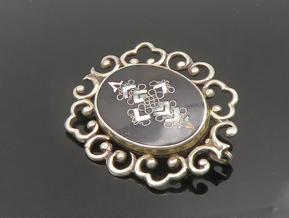 PGG MEXICO 925 Silver  Vintage Inlay Black Onyx & Abalone Brooch Pin  BP9530