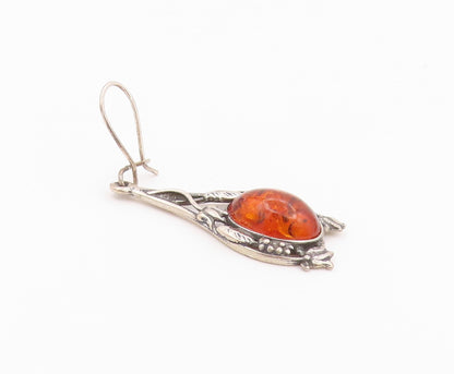 925 Sterling Silver Vintage Earrings Cabochon Amber Floral Motif Dangle  EG14512