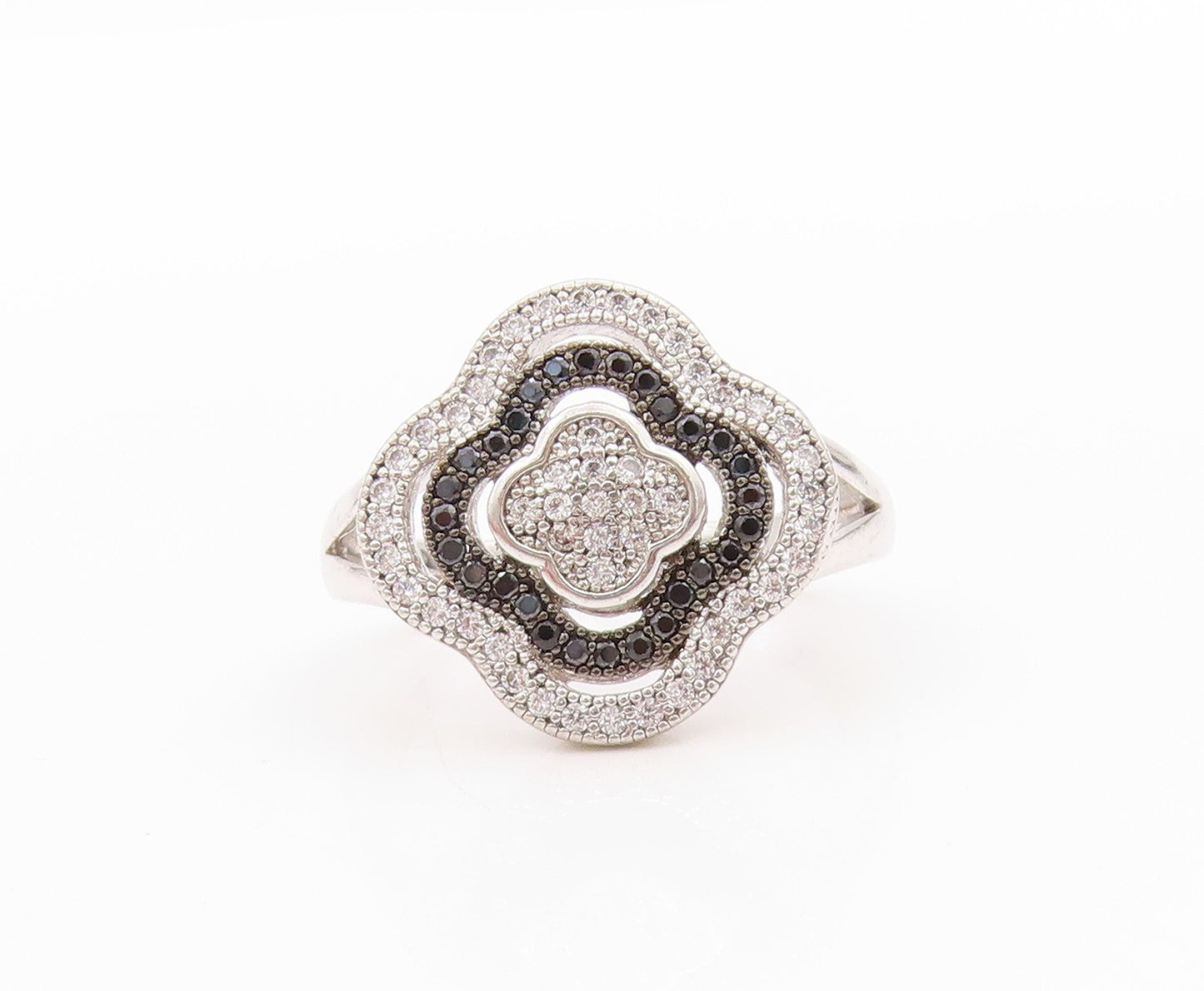 925 Sterling Silver Vintage Ring Black & White CZ Bands Flower  Sz 6  RG33381