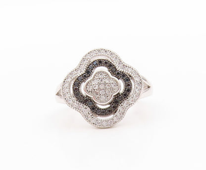 925 Sterling Silver Vintage Ring Black & White CZ Bands Flower  Sz 6  RG33381