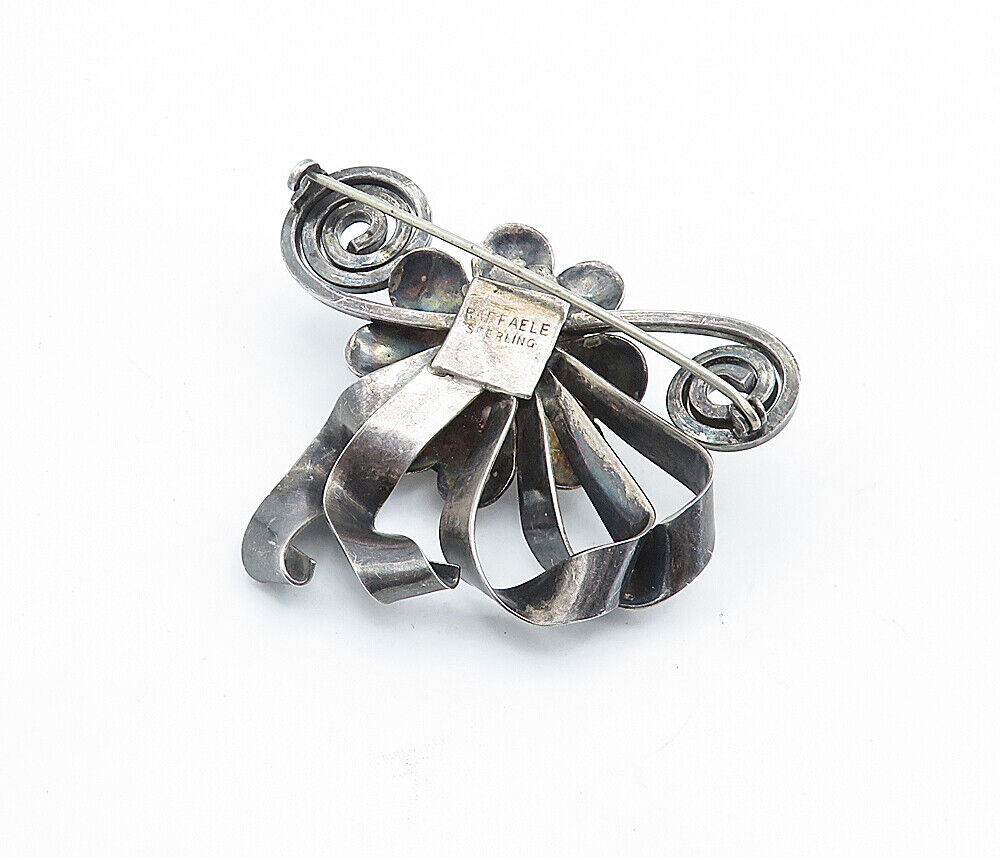 RAFFAELE 925 Silver  Vintage Oxidized Flower Ribbon Bow Brooch Pin  BP2663