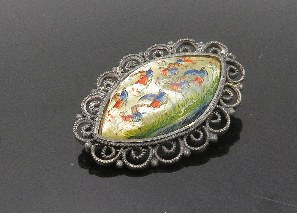 ISRAEL 925 Silver  Vintage Mother Of Pearl Art Swirl Border Brooch Pin  BP7797