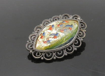 ISRAEL 925 Silver  Vintage Mother Of Pearl Art Swirl Border Brooch Pin  BP7797