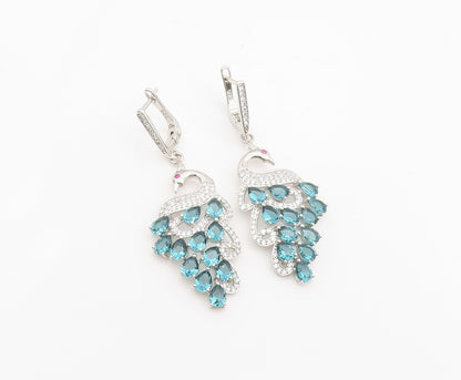 925 Sterling Silver Vintage Earrings Blue Topaz & CZ Peacock Dangles  EG13846