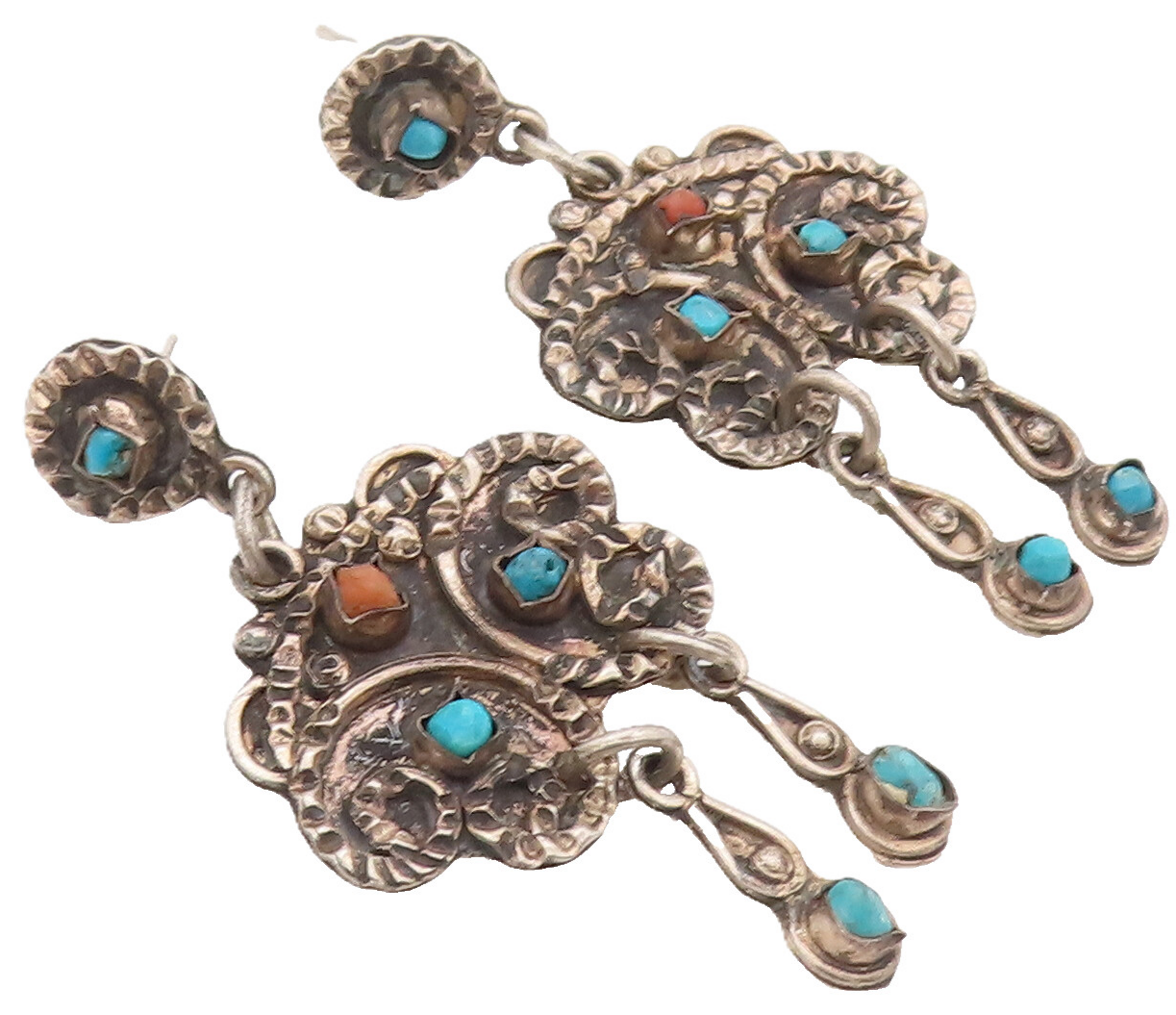 925 Sterling Silver Earrings MEXICO Swirly Dented Carved Turquoise  EG12843