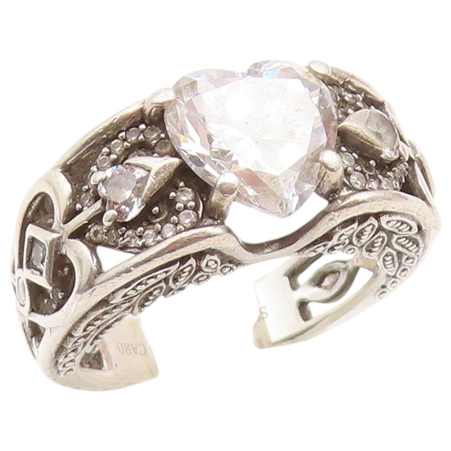 925 Sterling Silver Vintage Ring VANCARO CZ Love Heart Openwork  Sz 7  RG36672