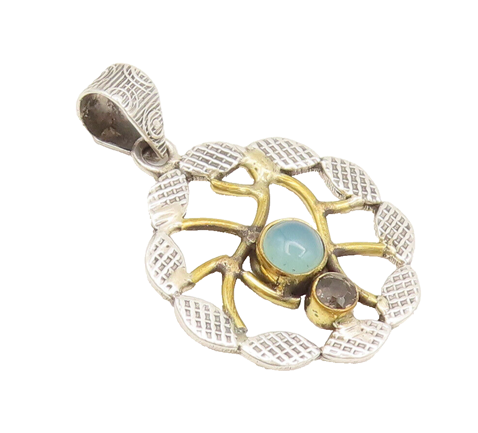 925 Silver  Vintage Round Leaf Designer Larimar Smokey Quartz Pendant  PT22314