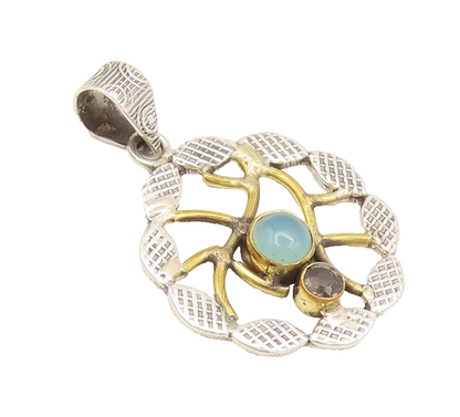 925 Silver  Vintage Round Leaf Designer Larimar Smokey Quartz Pendant  PT22314