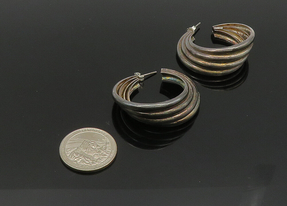 925 Sterling Silver  Vintage Dark Tone Fluted Round Hoop Earrings  EG10377