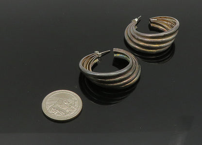 925 Sterling Silver  Vintage Dark Tone Fluted Round Hoop Earrings  EG10377