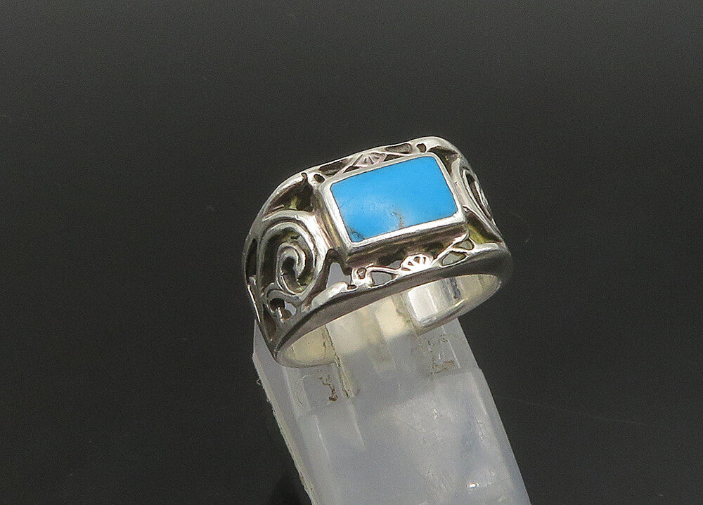 925 Sterling Silver Vintage Inlaid Turquoise Swirl Vine Band Ring Sz 6.5 RG23502