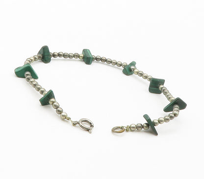 925 Sterling Silver  Vintage Malachite Beaded Smooth Chain Bracelet  BT5916