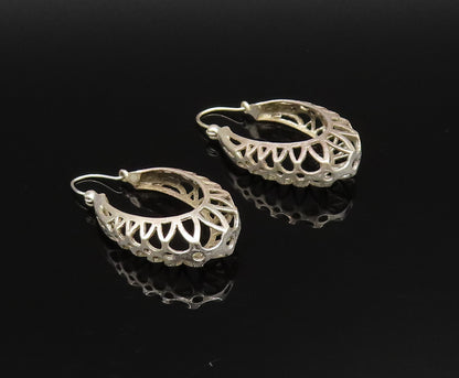 925 Sterling Silver Vintage Openwork Floral Petals Oval Hoop Earrings EG12045