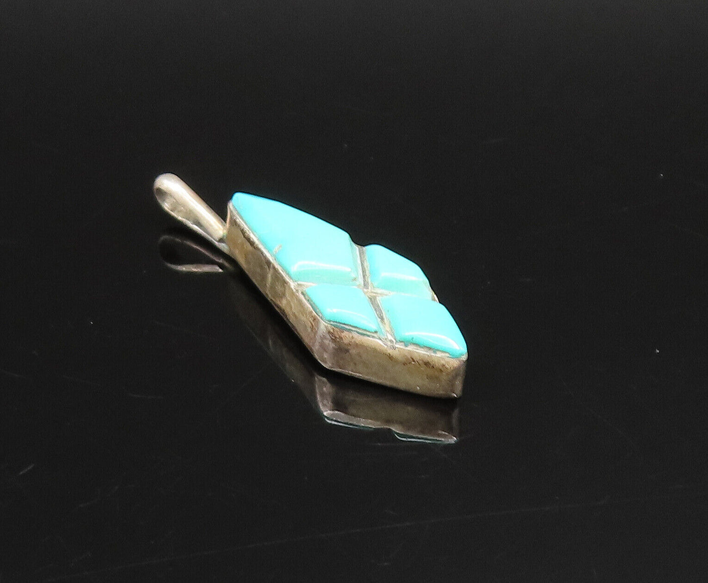 ZUNI NAVAJO 925 Silver - Vintage Diamond Shaped Turquoise Drop Pendant - PT21260