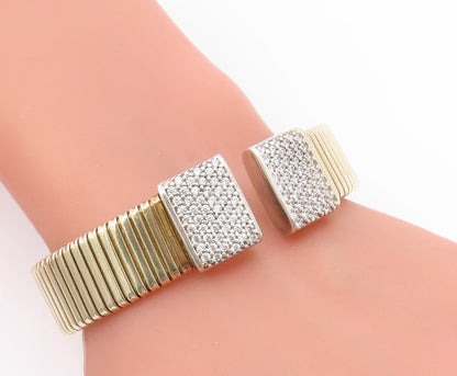 925 Sterling Silver Vintage Bracelet Gold Plated CZ Modernist Wide Cuff  BT11898