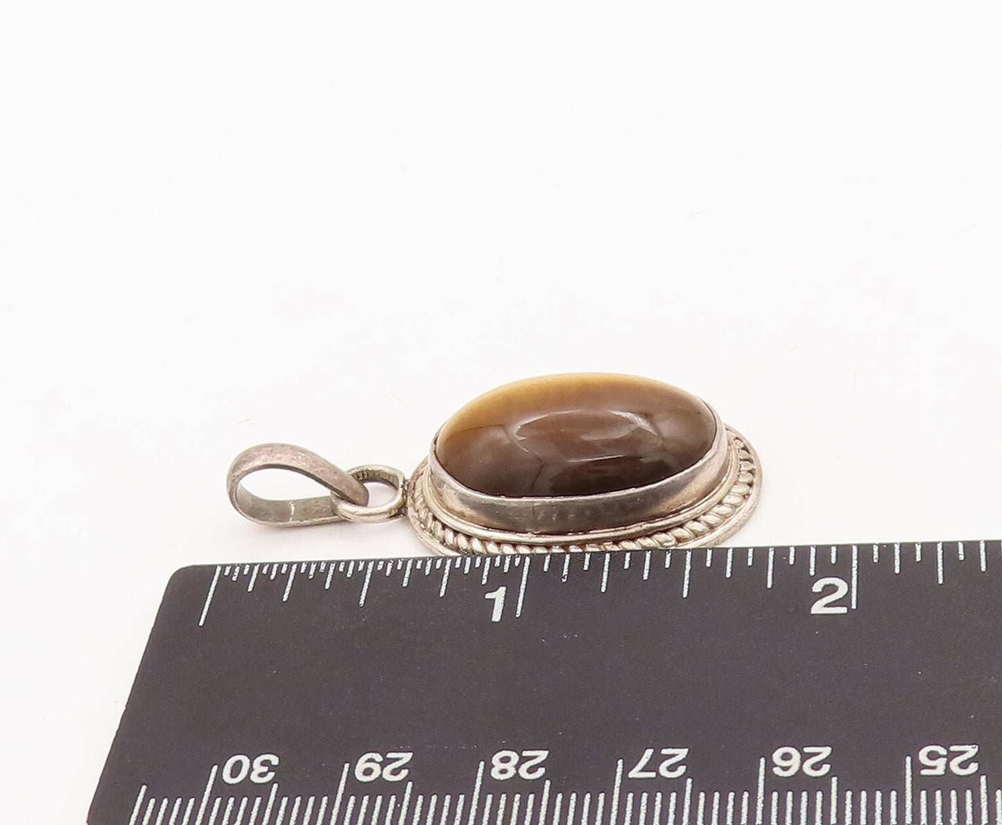 925 Sterling Silver Vintage Pendant Oval Tiger's Eye Halo Twisted Rope  PT23452