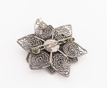 925 Sterling Silver Vintage Brooch Malachite Floral Filigree Petal Pin  BP12087