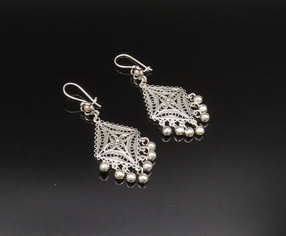 925 Silver  Vintage Wavy Border Beaded Diamond Shaped Dangle Earrings  EG11982