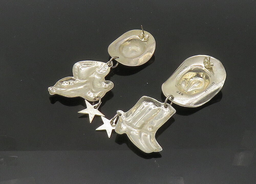 MEXICO 925 Silver  Vintage Cowboy Hat Saddle & Star Dangle Earrings  EG10516