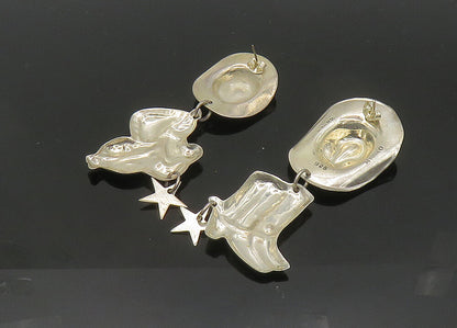 MEXICO 925 Silver  Vintage Cowboy Hat Saddle & Star Dangle Earrings  EG10516