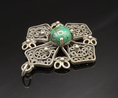 ISRAEL 925 Silver   Vintage Filigree Swirl Chrysocolla Cross Pendant  PT20581