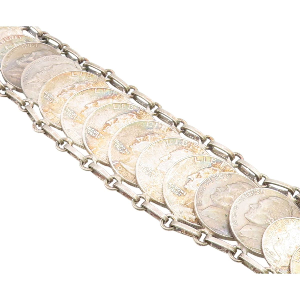 925 Sterling Silver Vintage Bracelet Articulated Liberty Multi Coin Link BT12157
