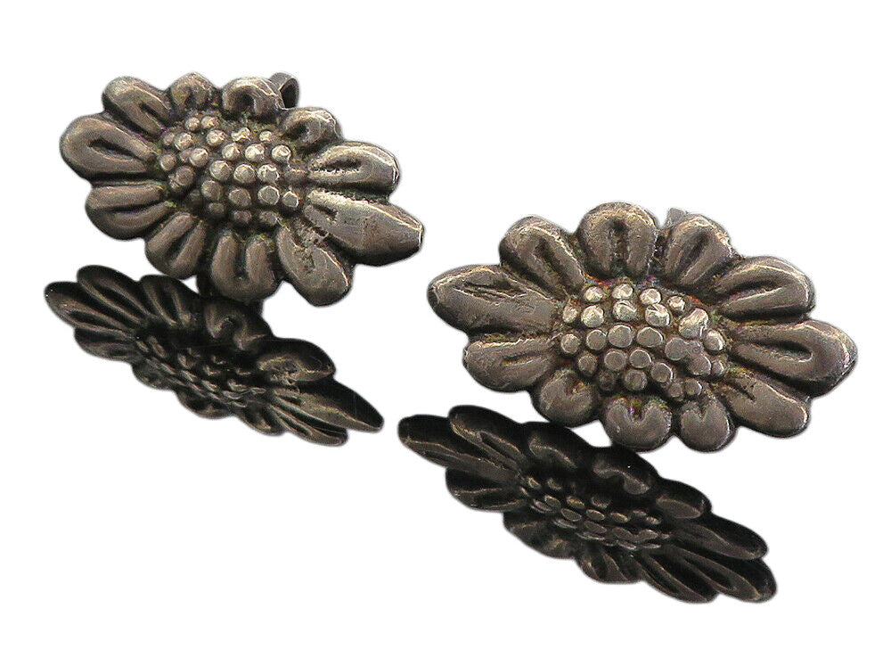 MEXICO 925 Silver   Vintage Dark Tone Floral Non Pierce Drop Earrings  EG4402