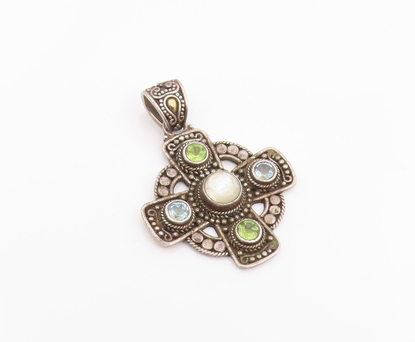 18k Gold & 925 Sterling Silver Vintage Pendant SUARTI BALI Gemstone  PT26035