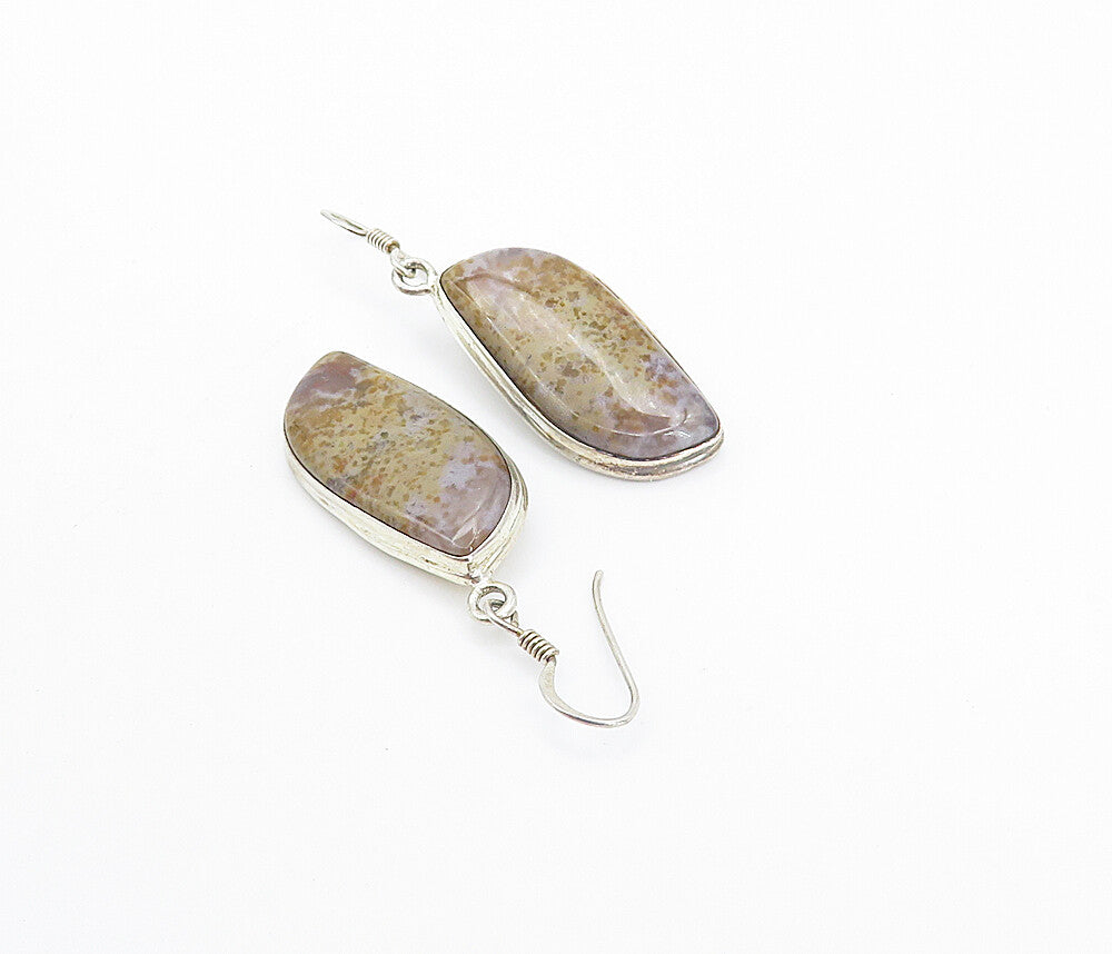 925 Sterling Silver  Vintage Brown Agate Shiny Bail Dangle Earrings  EG3187