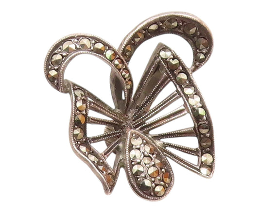 925 Sterling Silver  Vintage Sparkling Marcasite Ribbon Bow Pendant  PT18768