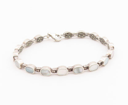 925 Sterling Silver  Mother Of Pearl & Marcasite Double Sided Bracelet  BT5099