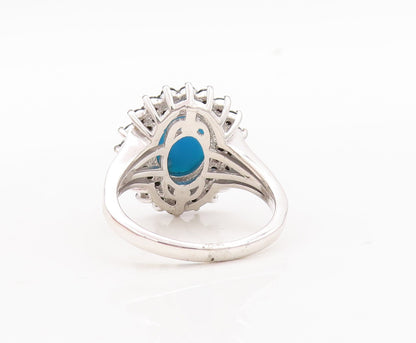 925 Sterling Silver Vintage Ring Cabochon Turquoise & Spinel Flower Sz 8 RG29758