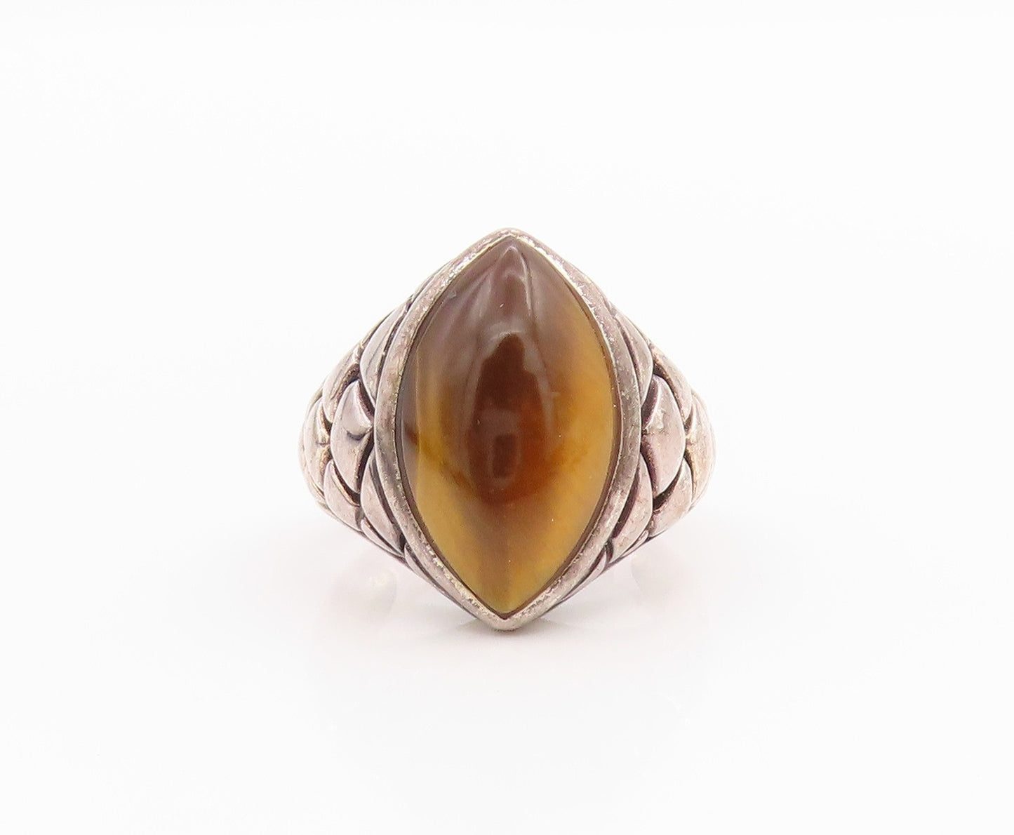 925 Sterling Silver Vintage Ring Marquise Shape Tiger's Eye  Sz 6  RG33132