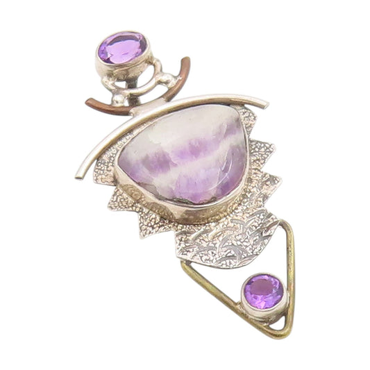 925 Sterling Silver Vintage Pendant Modernist Agate & Amethyst Locket  PT25860