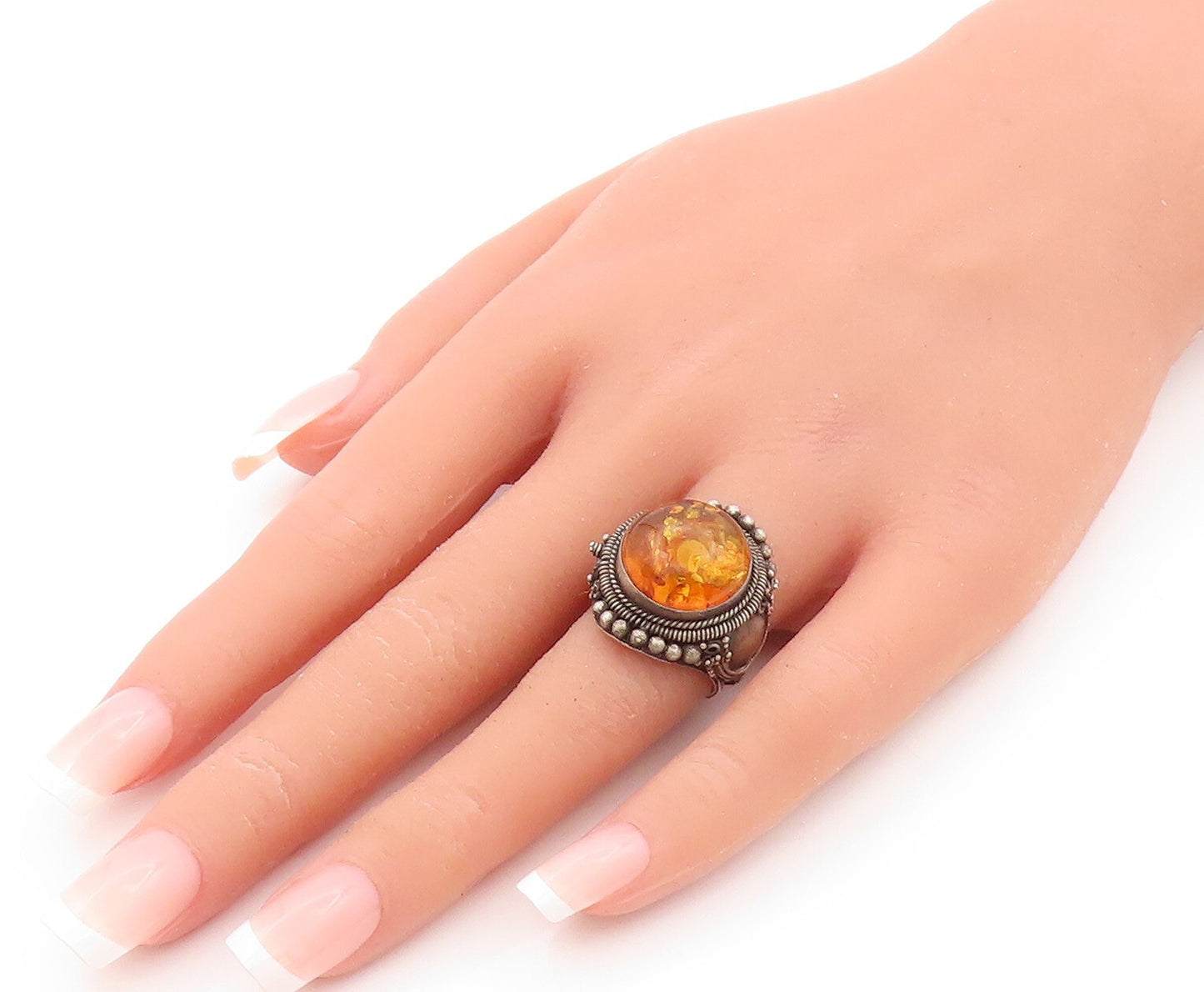 925 Sterling Silver Vintage Ring Dark Tone Carved Cabochon Amber  Sz 6  RG31883