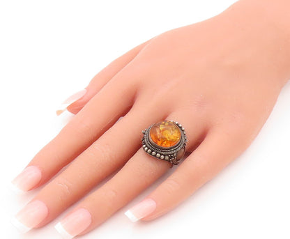 925 Sterling Silver Vintage Ring Dark Tone Carved Cabochon Amber  Sz 6  RG31883