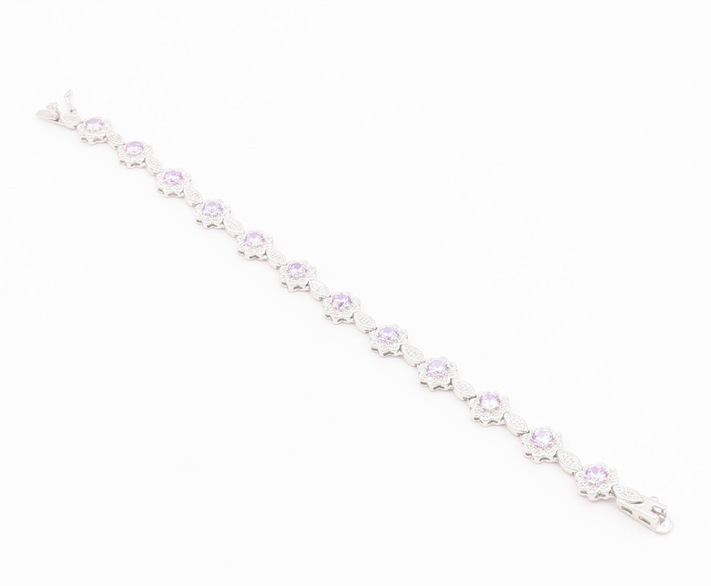 925 Sterling Silver  Shiny Purple Cubic Zirconia Floral Chain Bracelet  BT7364
