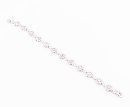 925 Sterling Silver  Shiny Purple Cubic Zirconia Floral Chain Bracelet  BT7364