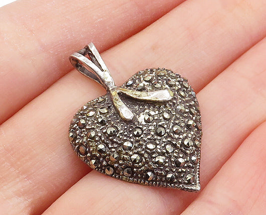 925 Sterling Silver  Vintage Marcasite Decorated Love Heart Pendant  PT3866