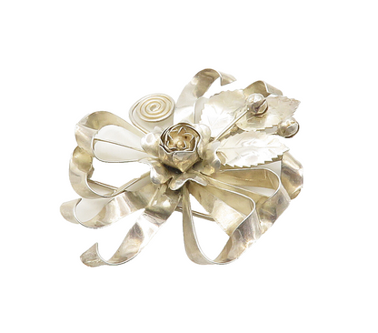 DESIGNER 925 Sterling Silver  Vintage Shiny Floral Ribbon Brooch Pin  BP6202