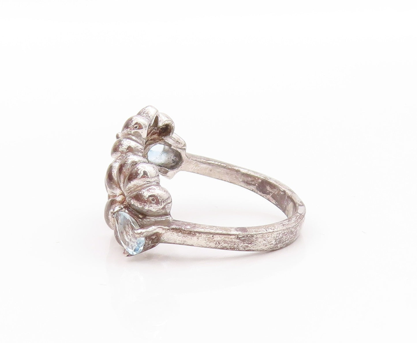 925 Sterling Silver Vintage Ring Blue Topaz Floral Cut Out Band  Sz 7.5  RG33491