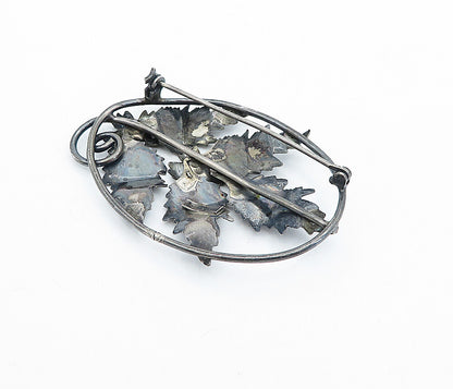 925 Sterling Silver  Vintage Antique Oxidized Floral Leaves Brooch Pin  BP1128