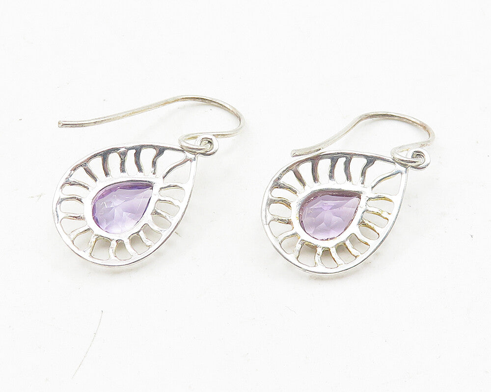 925 Sterling Silver  Shiny Pear Shape Amethyst Cutout Dangle Earrings  EG6010