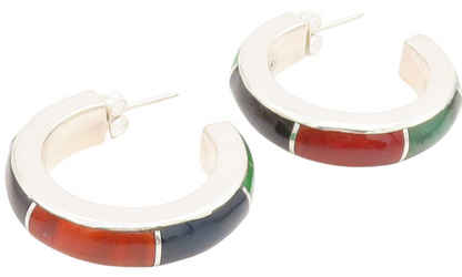 925 Sterling Silver Vintage Earrings MEXICO Multi Gemstone Inlay Hoops  EG13956