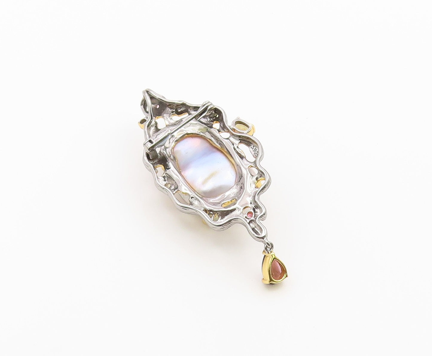 925 Sterling Silver Vintage Brooch Pin Two Tone Pearl & Gemstone Design  BP12642