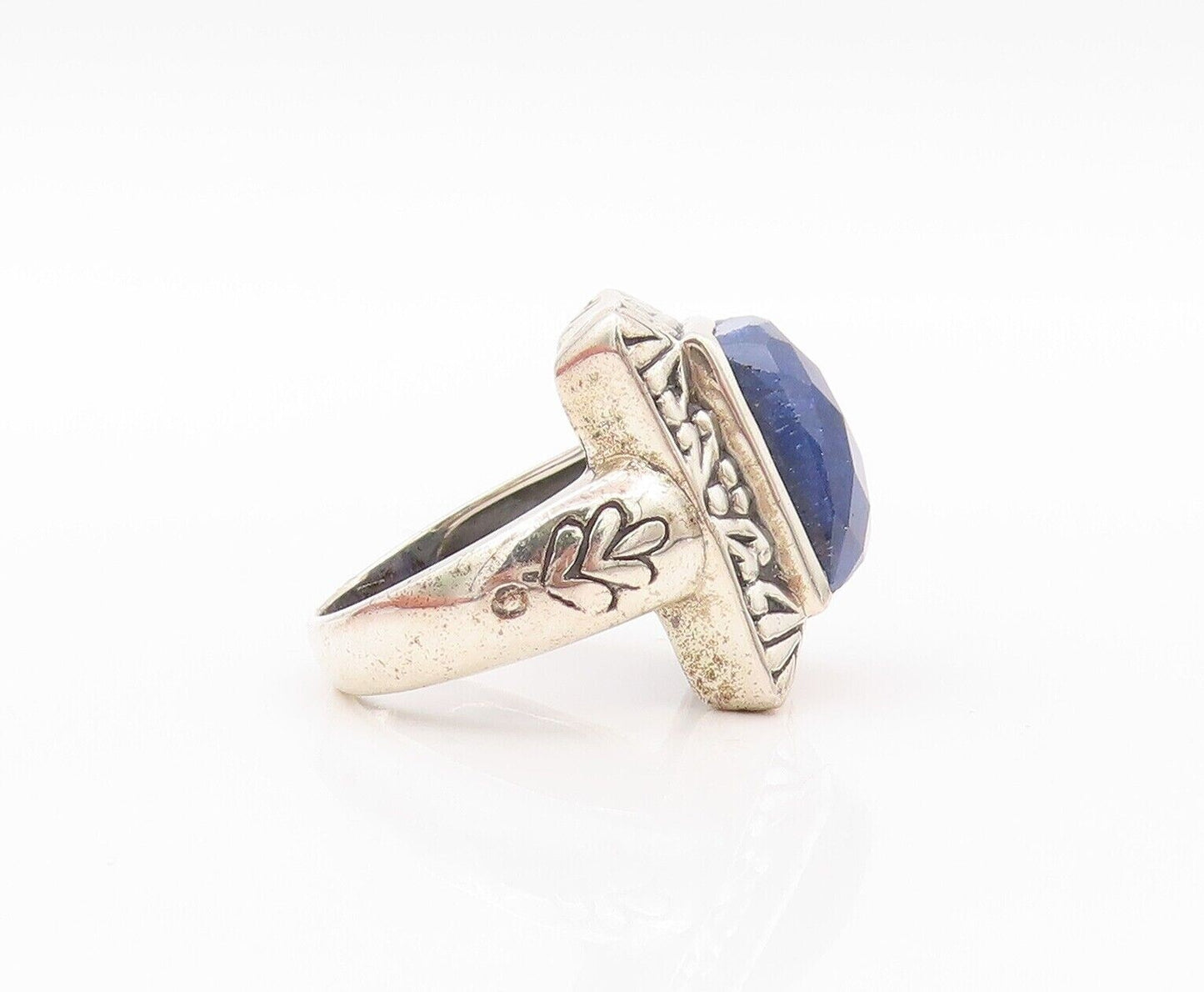 925 Sterling Silver Vintage Ring Blue Gemstone Swirly Carved Frame Sz 8  RG30279
