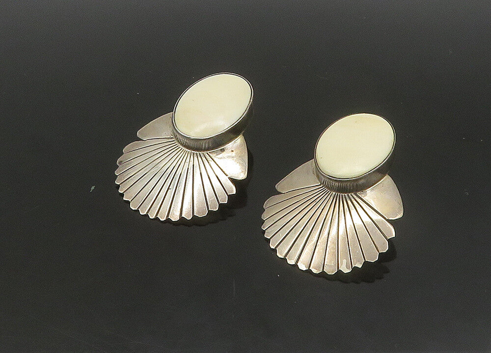 925 Sterling Silver  Vintage White Stone Scalloped Drop Earrings  EG11405