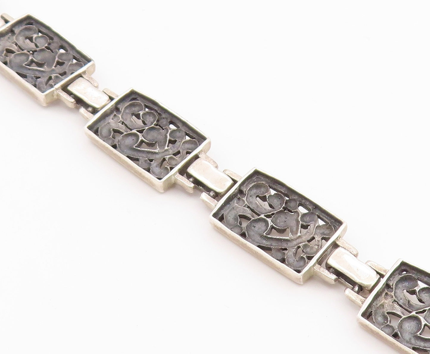 925 Sterling Silver  Vintage Rectangular Scroll Pattern Chain Bracelet  BT9409