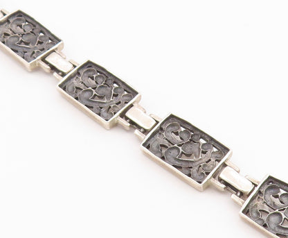 925 Sterling Silver  Vintage Rectangular Scroll Pattern Chain Bracelet  BT9409